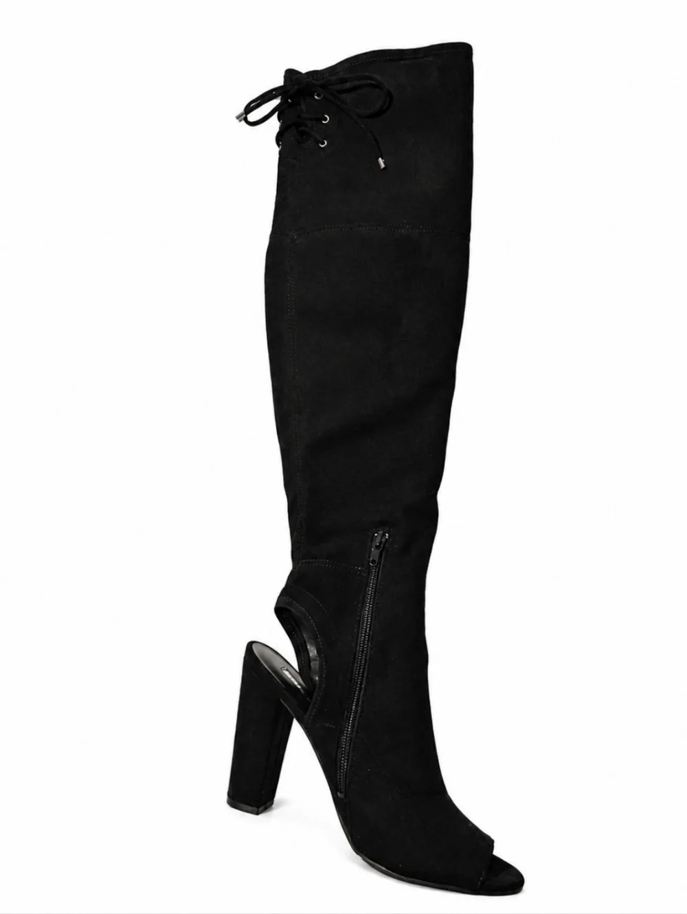 Guess Women's Sz 8 Boni Black Faux Suede Over-the-Knee Open-Toe Block Heel Boots